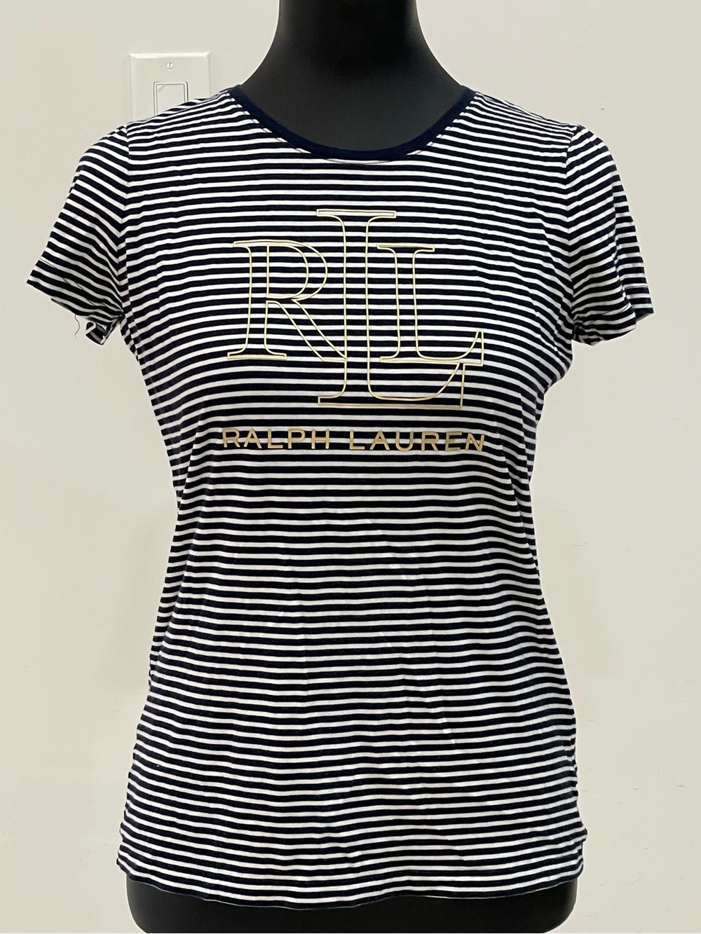 Lauren Ralph Lauren Navy And White Striped Tee Shirt w/ Gold Monogram Logo SZ S.